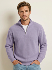 Heren Casual Trui – Ribstructuur met Korte Rits en Hoge Kraag