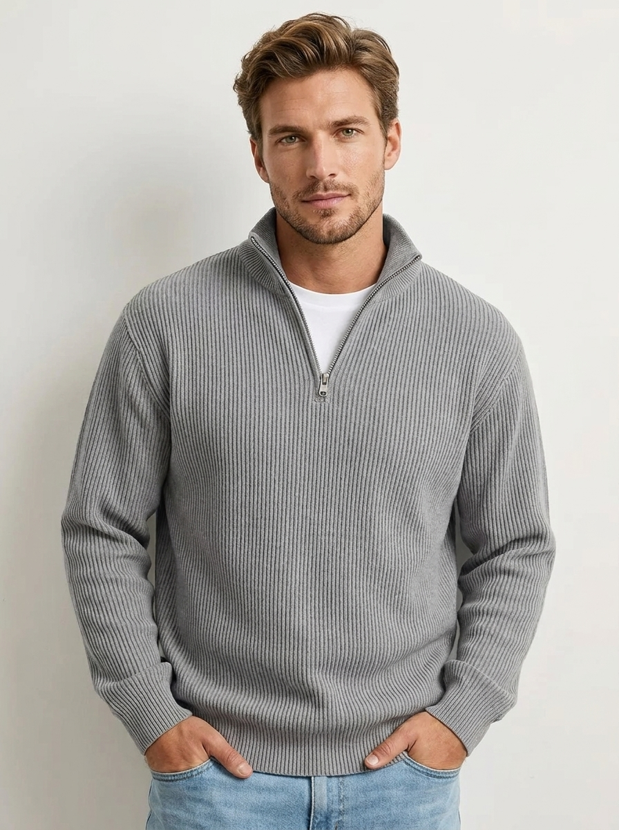 Heren Casual Trui – Ribstructuur met Korte Rits en Hoge Kraag