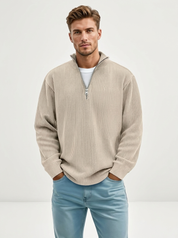 Heren Casual Trui – Ribstructuur met Korte Rits en Hoge Kraag