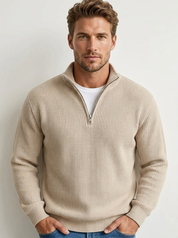 Heren Casual Trui – Ribstructuur met Korte Rits en Hoge Kraag