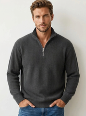Heren Casual Trui – Ribstructuur met Korte Rits en Hoge Kraag