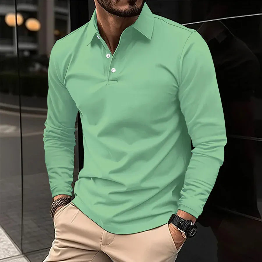 AIDA LENA Men's Shirt Heren Polo Shirt – Effen Poloshirt met Lange Mouwen en Knoopsluiting