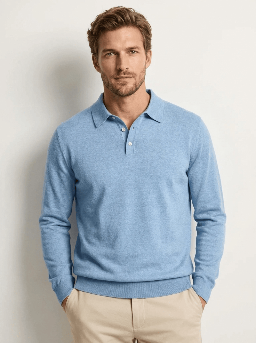 AIDA LENA Men's Shirt Heren Polo Trui – Effen Poloshirt met Lange Mouwen en Knoopsluiting