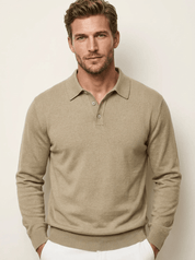 AIDA LENA Men's Shirt Heren Polo Trui – Effen Poloshirt met Lange Mouwen en Knoopsluiting