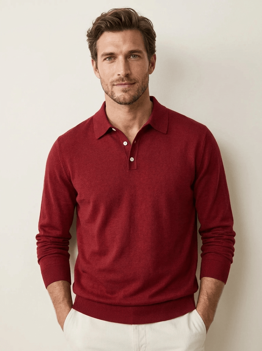 AIDA LENA Men's Shirt Heren Polo Trui – Effen Poloshirt met Lange Mouwen en Knoopsluiting