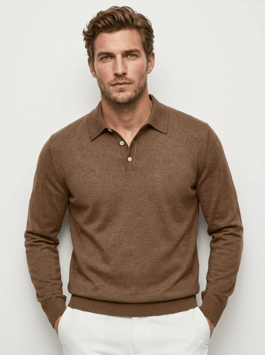 AIDA LENA Men's Shirt Heren Polo Trui – Effen Poloshirt met Lange Mouwen en Knoopsluiting