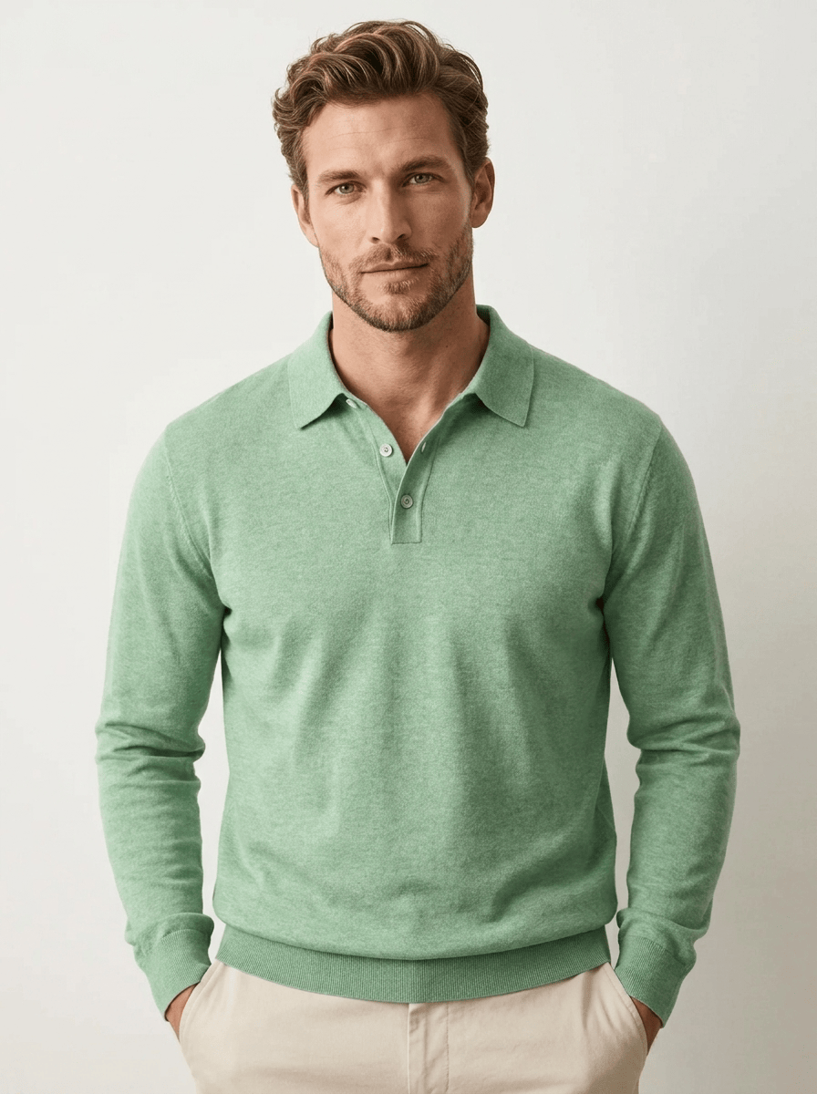 AIDA LENA Men's Shirt Heren Polo Trui – Effen Poloshirt met Lange Mouwen en Knoopsluiting