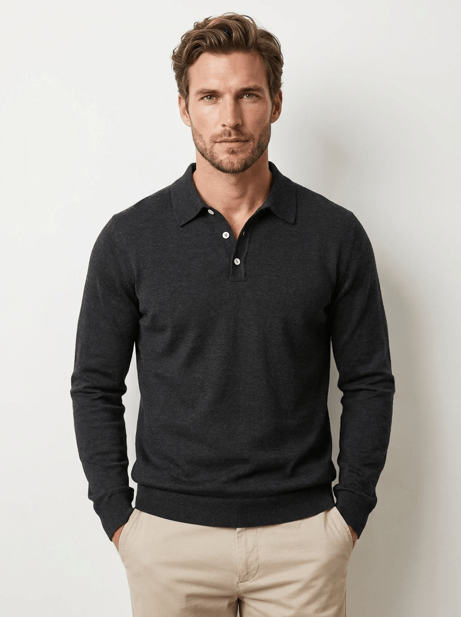 AIDA LENA Men's Shirt Heren Polo Trui – Effen Poloshirt met Lange Mouwen en Knoopsluiting