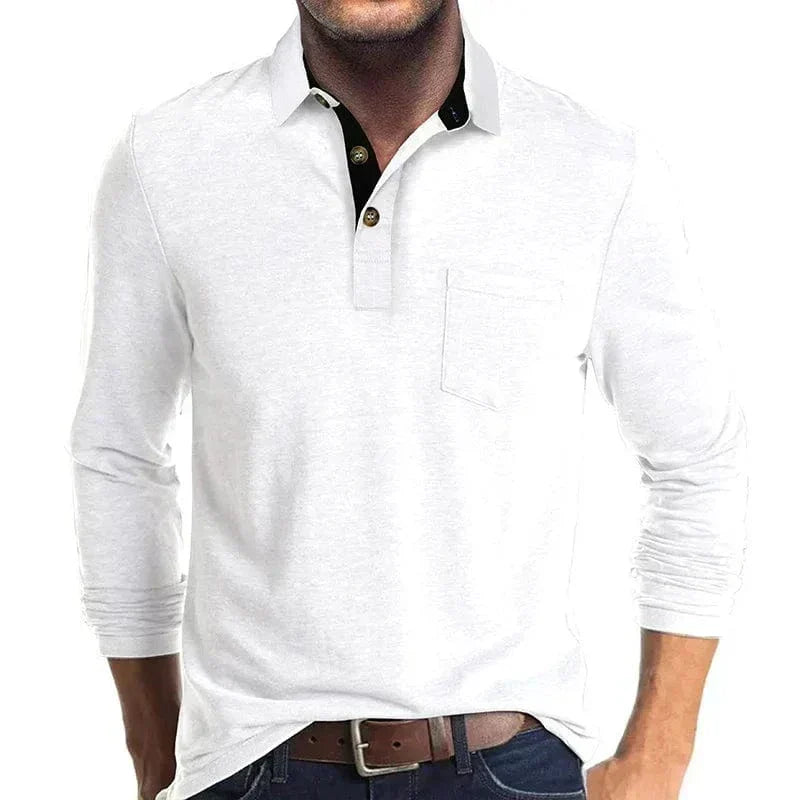 Heren Poloshirt Lange Mouw – Effen Polo met Kraag en Borstzak