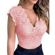 Dames Kanten Top – V-Hals met Elegante Pasvorm Roze met mouwtjes / S - AIDA LENA