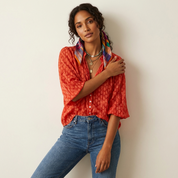 Dames Boho Blouse – Luchtige Print met Knoopsluiting Oranje / XS - AIDA LENA