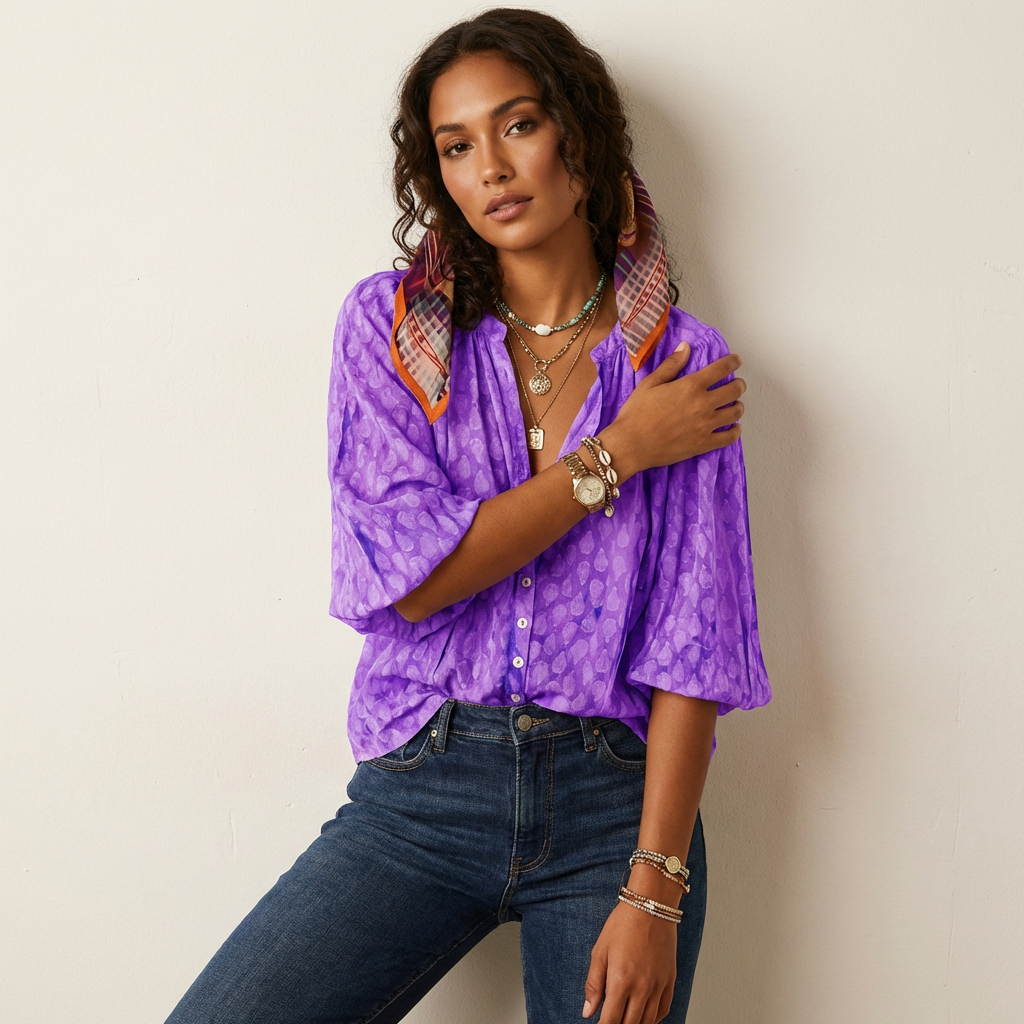 Dames Boho Blouse – Luchtige Print met Knoopsluiting Lila / XS - AIDA LENA