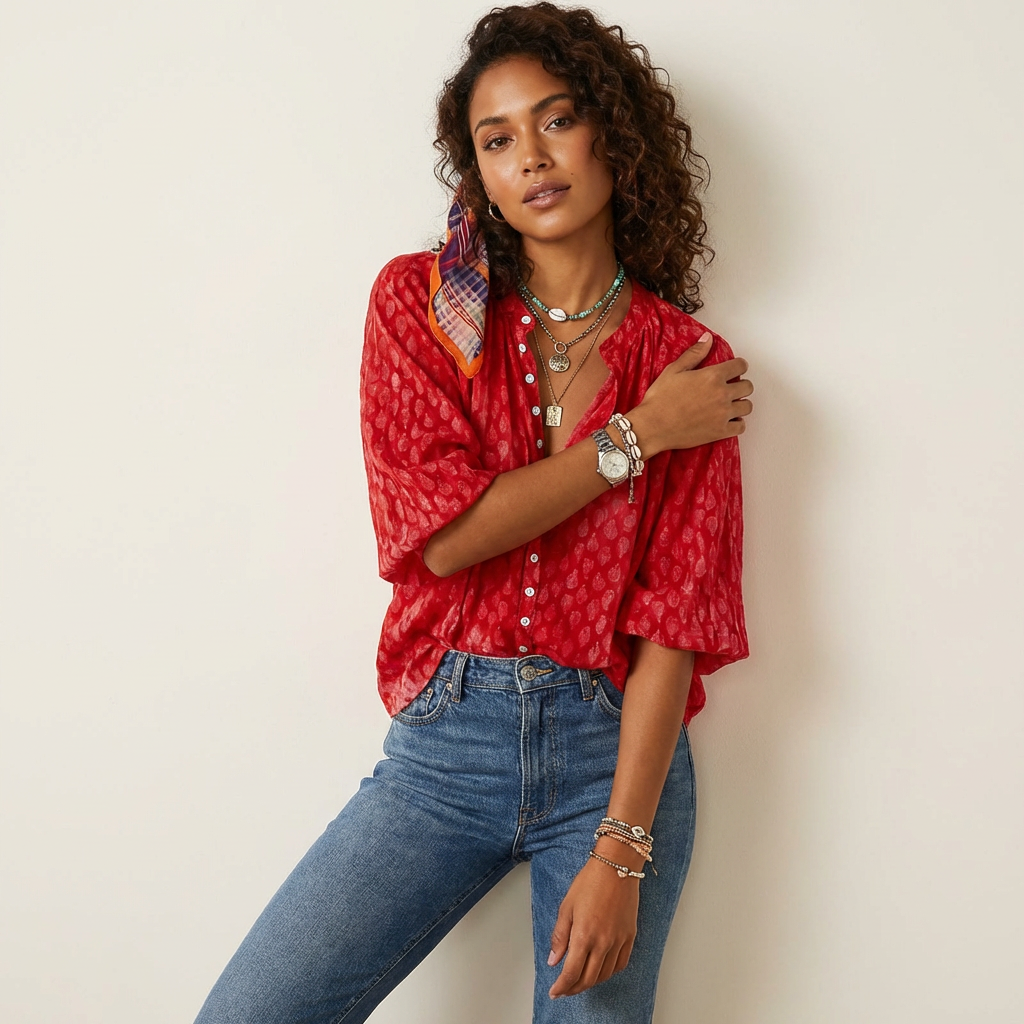 Dames Boho Blouse – Luchtige Print met Knoopsluiting Rood / XS - AIDA LENA
