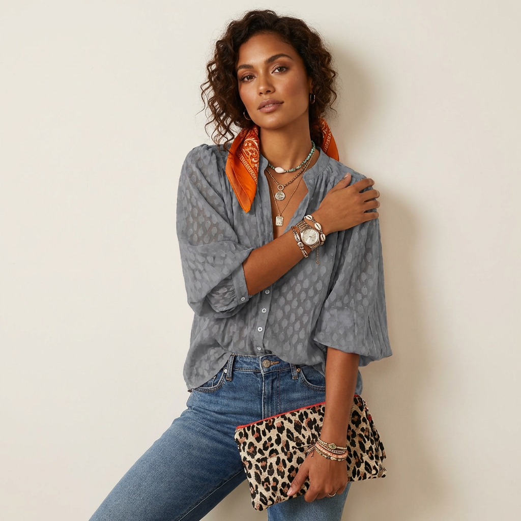 Dames Boho Blouse – Luchtige Print met Knoopsluiting Grijs / XS - AIDA LENA