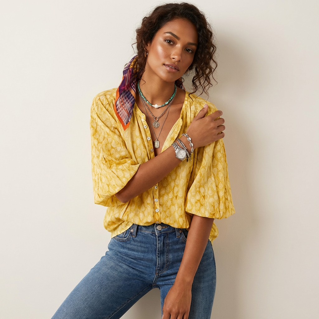 Dames Boho Blouse – Luchtige Print met Knoopsluiting Geel / XS - AIDA LENA