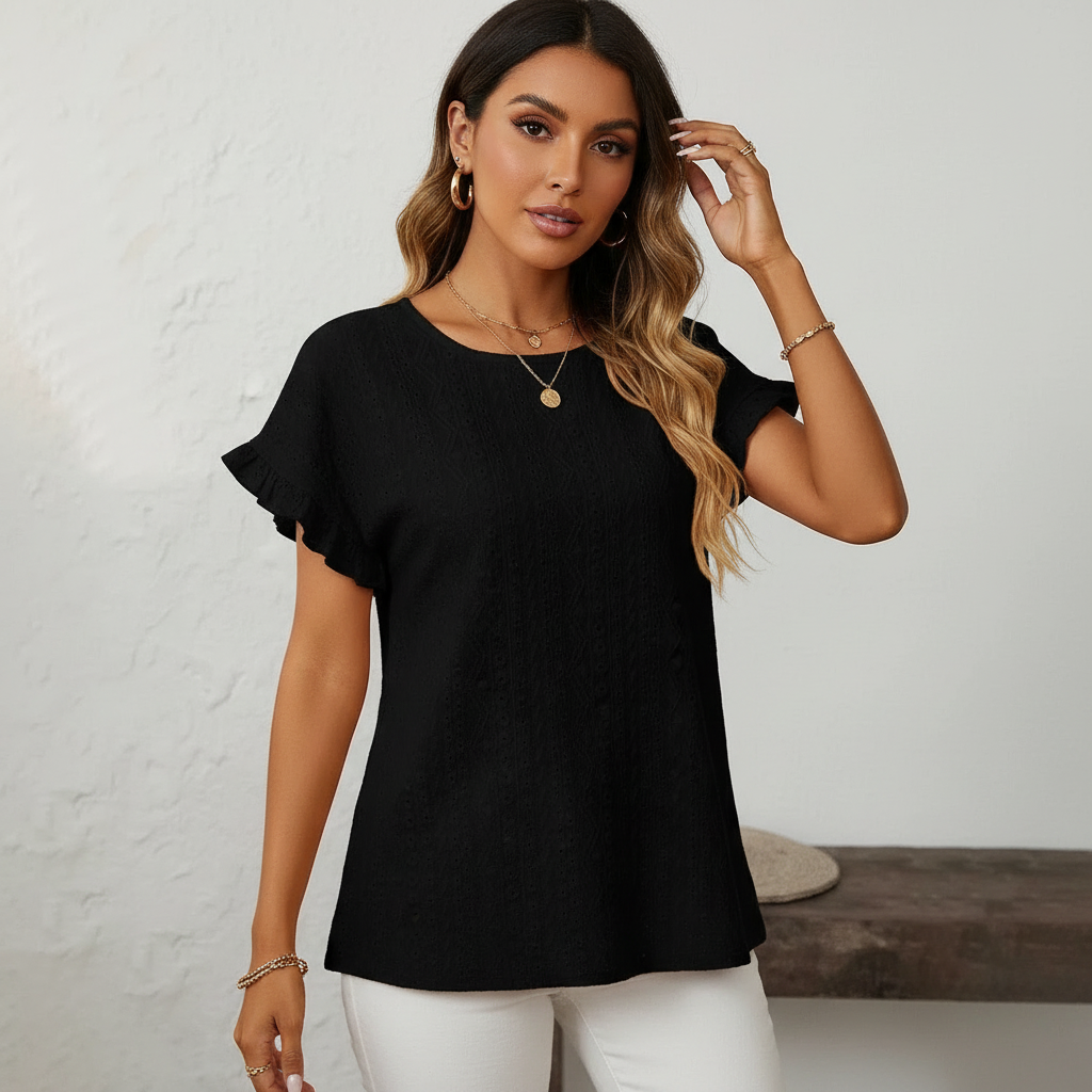 Dames Broderie Top – Luchtig Model met Opengewerkte Details Zwart / S - AIDA LENA