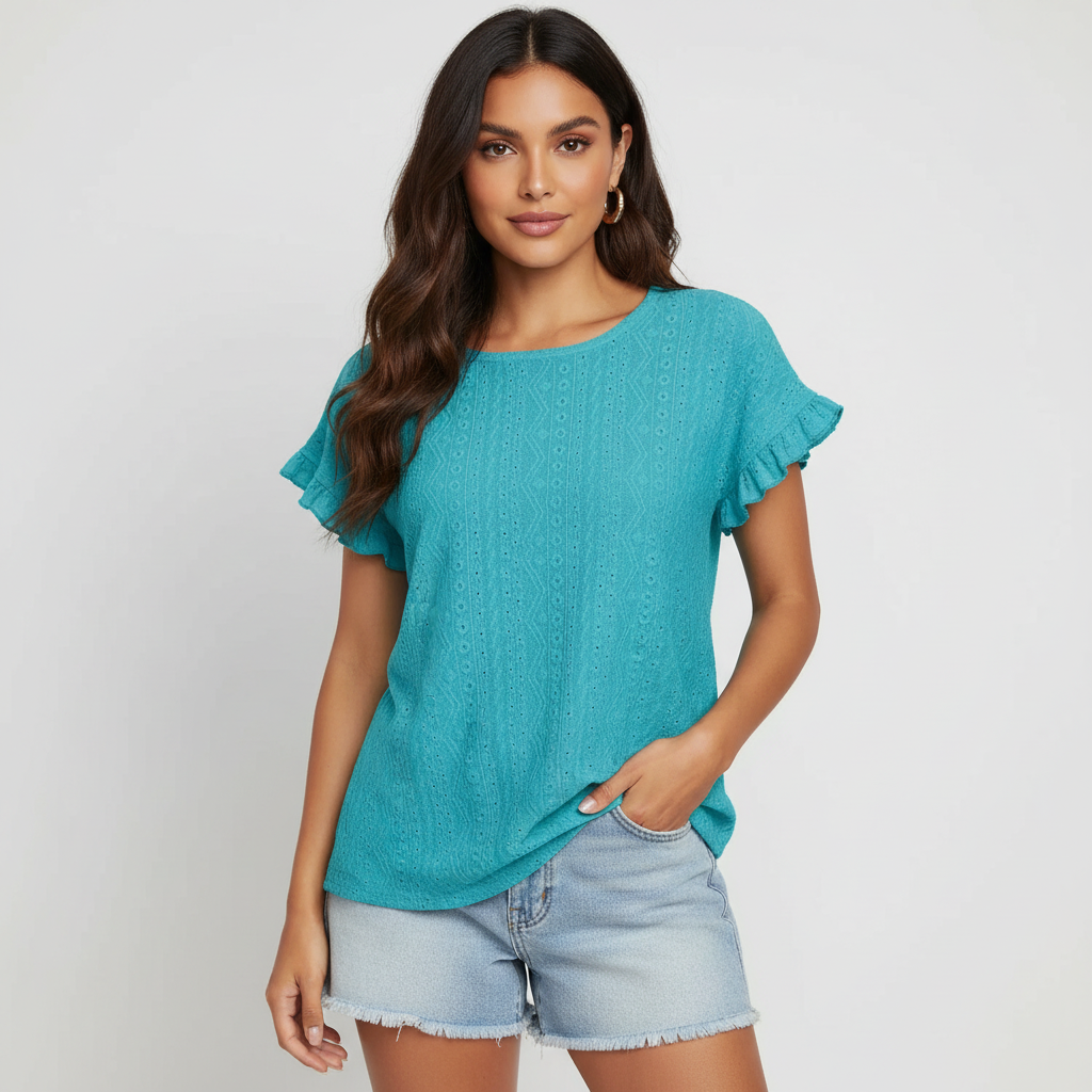 Dames Broderie Top – Luchtig Model met Opengewerkte Details Turquoise / S - AIDA LENA