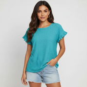 Dames Broderie Top – Luchtig Model met Opengewerkte Details Turquoise / S - AIDA LENA