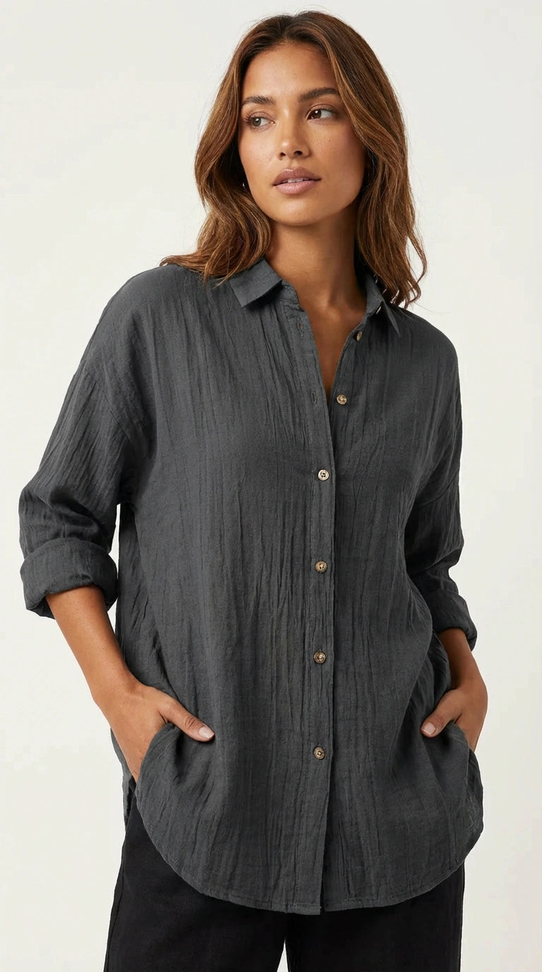 Dames Blouse – Luchtig Model met Knoopsluiting Zwart / S - AIDA LENA