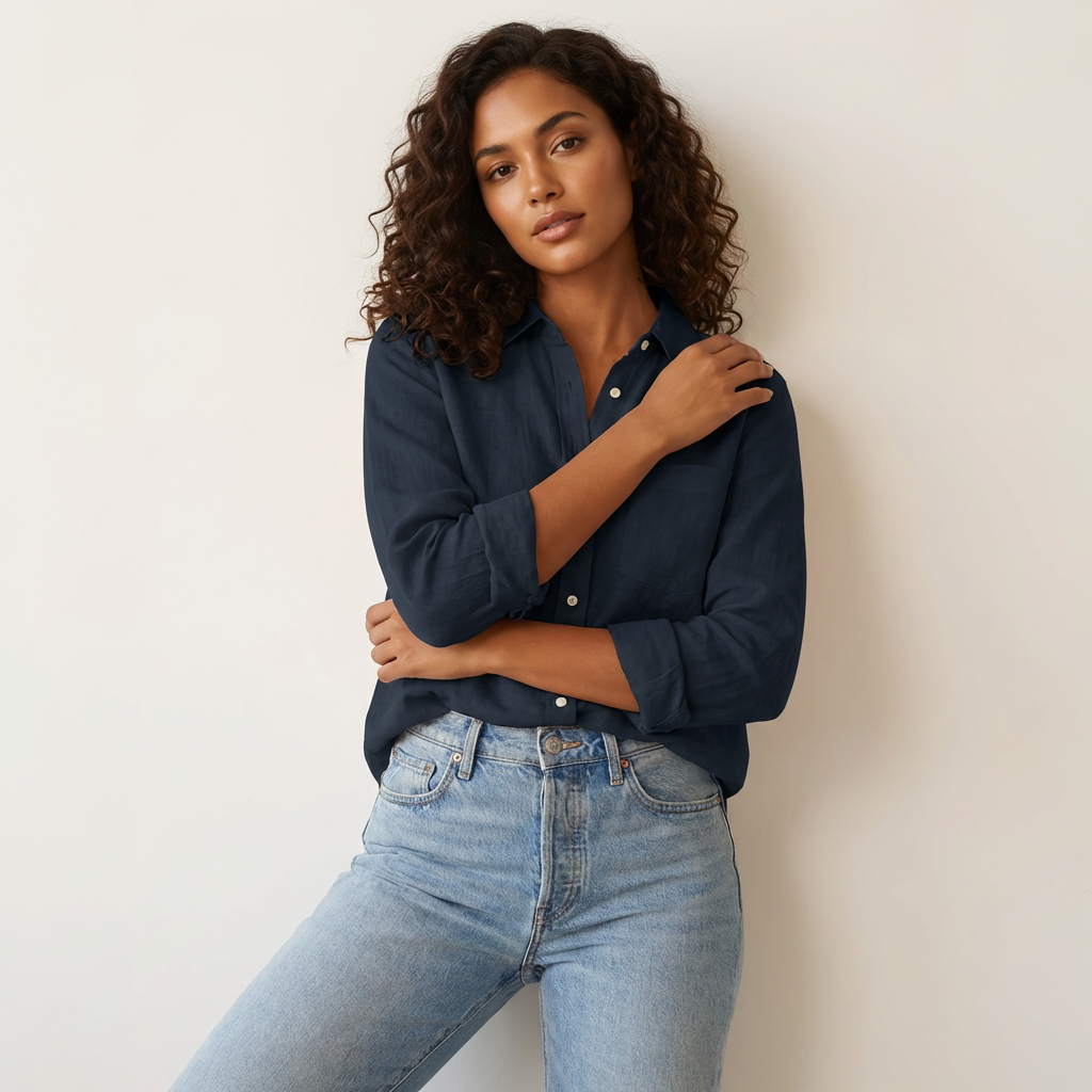 Dames Oversized Blouse met V-Hals – Luchtige Losvallende Pasvorm Donkerblauw / S - AIDA LENA
