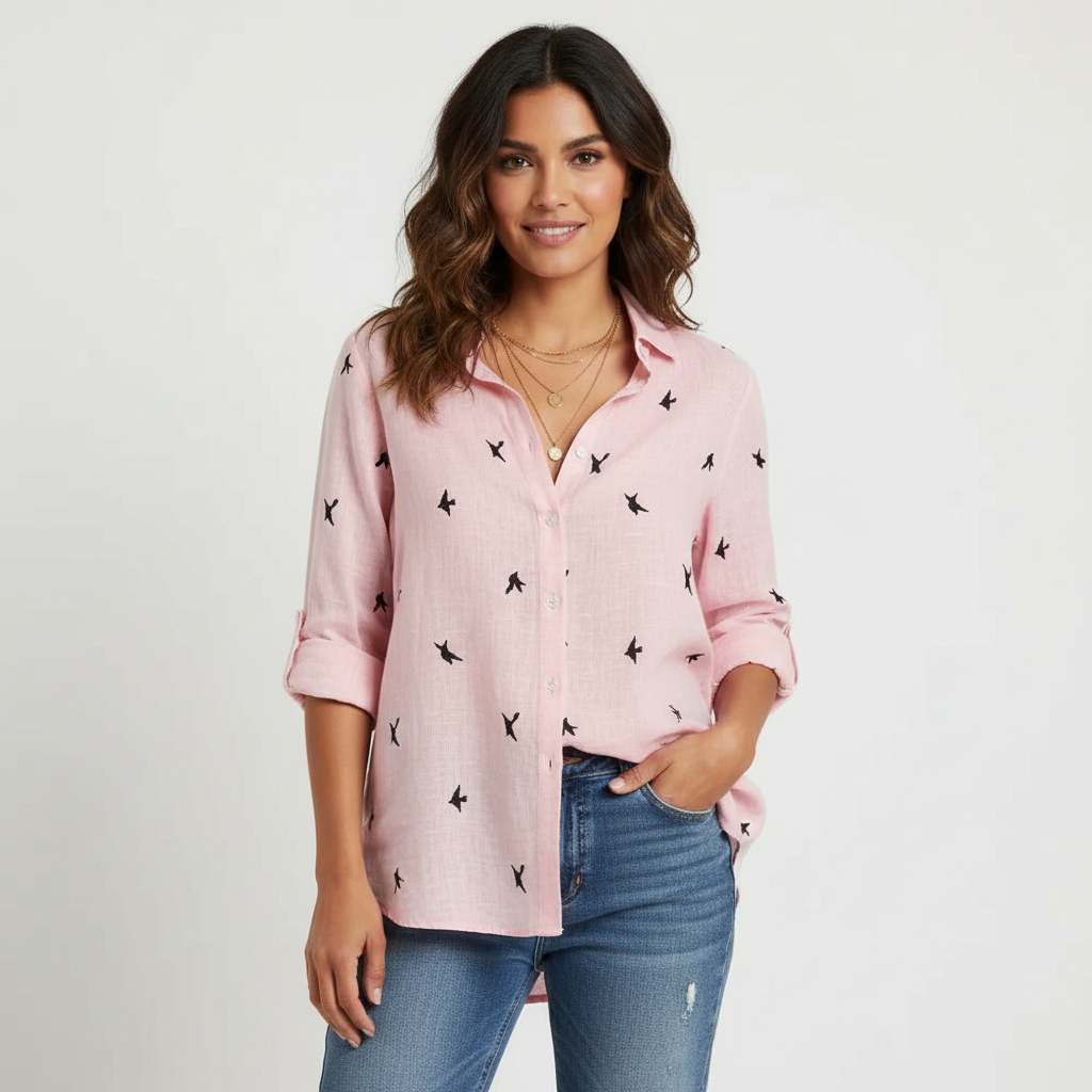 Dames Oversized Blouse met V-Hals – Luchtige Losvallende Pasvorm Roze print / S - AIDA LENA