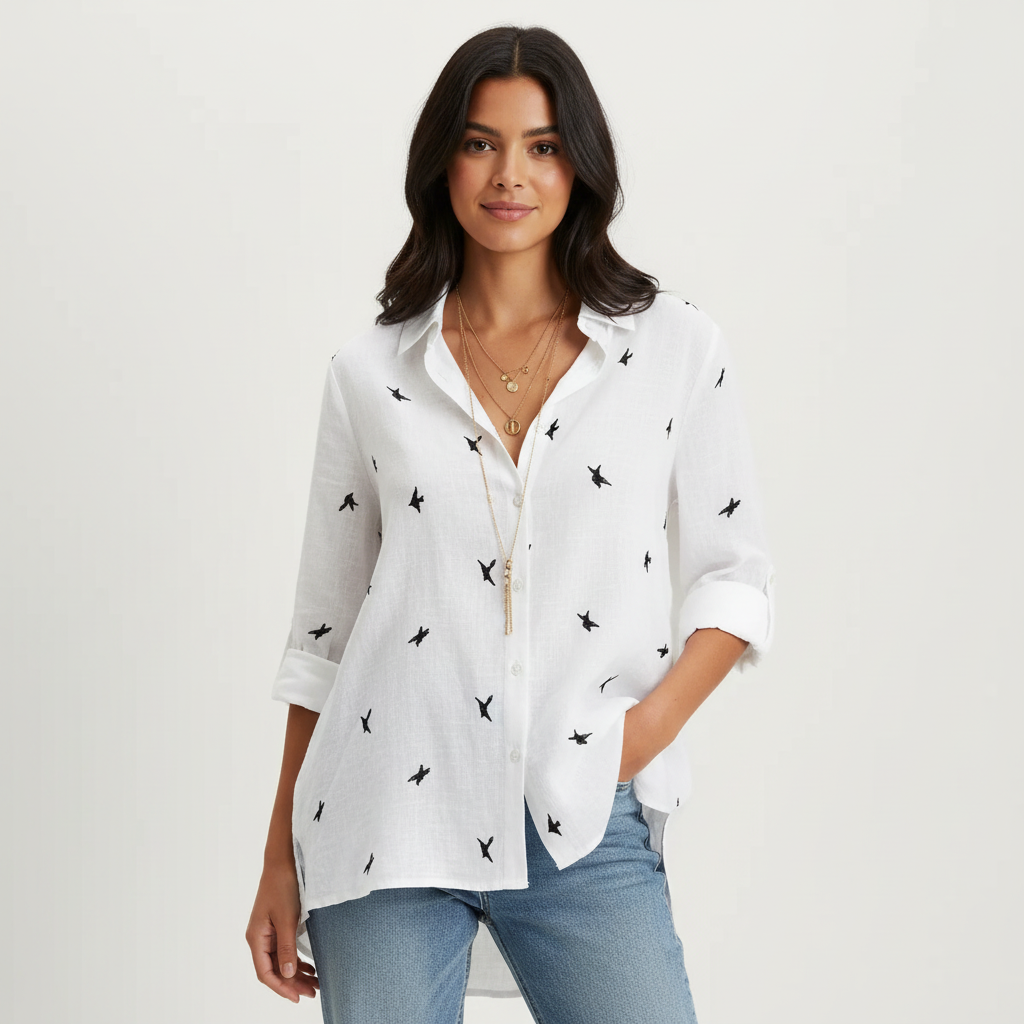 Dames Oversized Blouse met V-Hals – Luchtige Losvallende Pasvorm Wit print / S - AIDA LENA