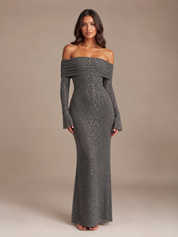 Glitter maxi-jurk dames off-shoulder met lange mouwen