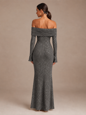 Glitter maxi-jurk dames off-shoulder met lange mouwen