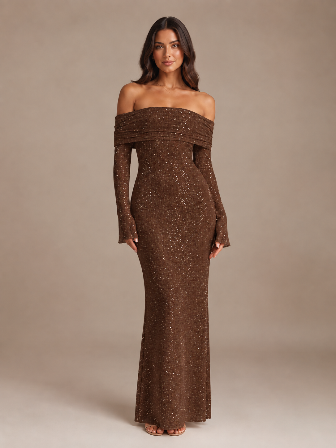 Glitter maxi-jurk dames off-shoulder met lange mouwen