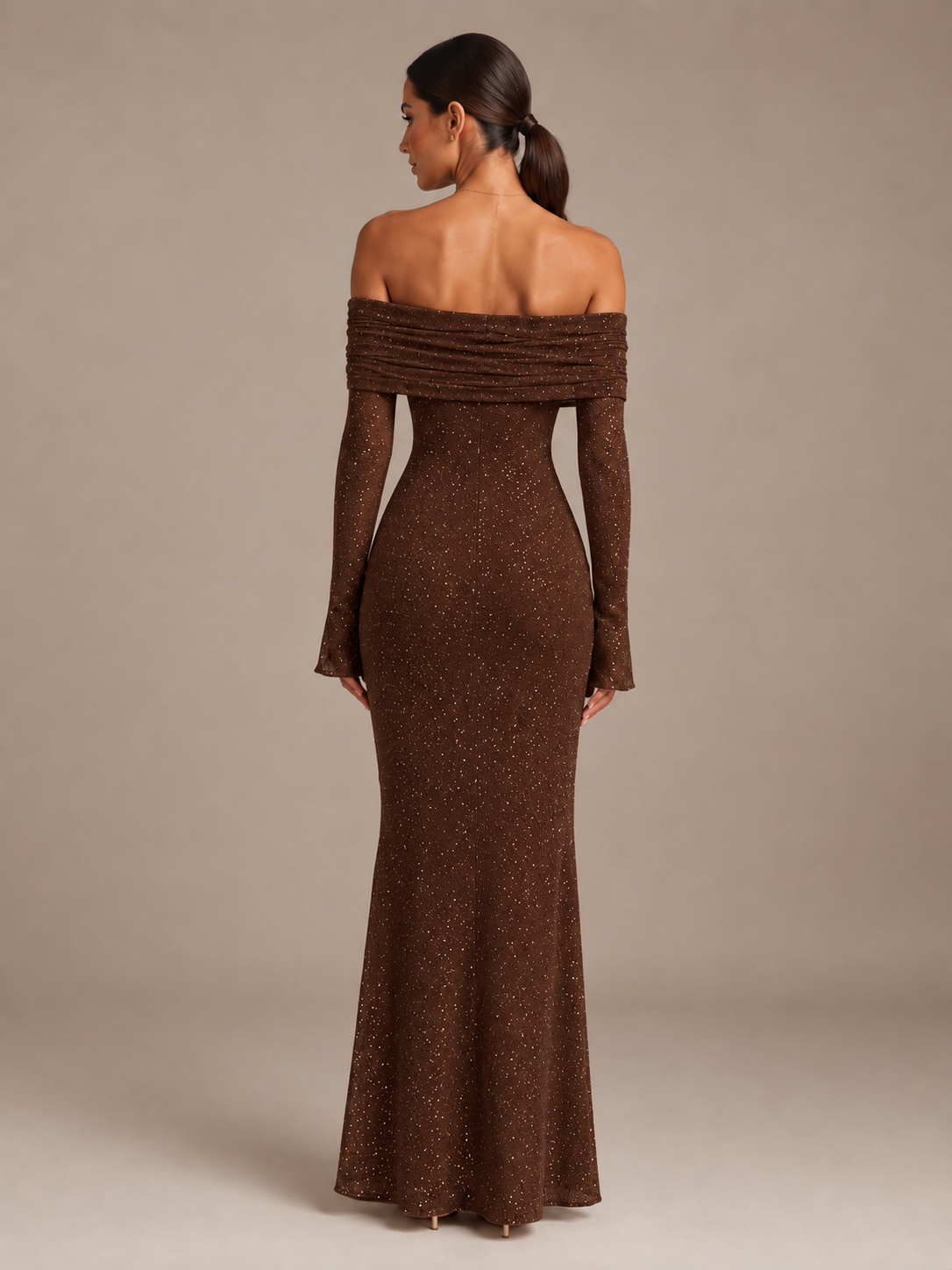 Glitter maxi-jurk dames off-shoulder met lange mouwen