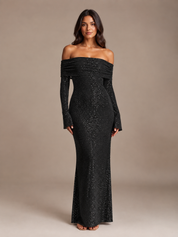 Glitter maxi-jurk dames off-shoulder met lange mouwen