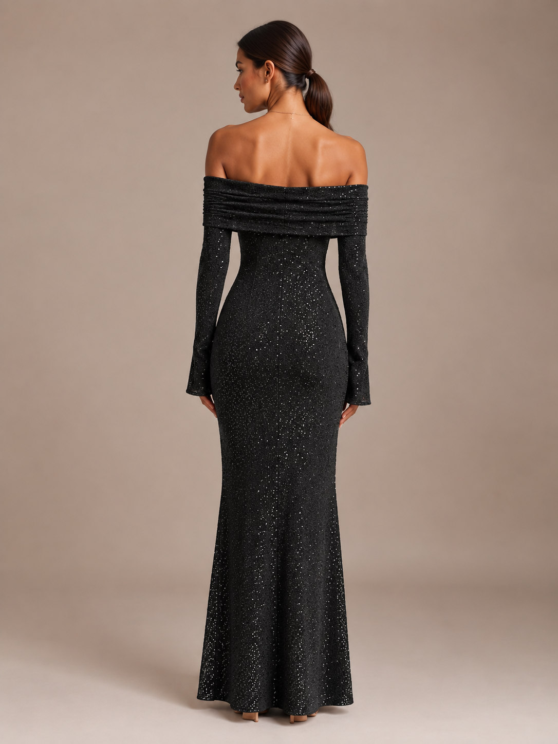 Glitter maxi-jurk dames off-shoulder met lange mouwen
