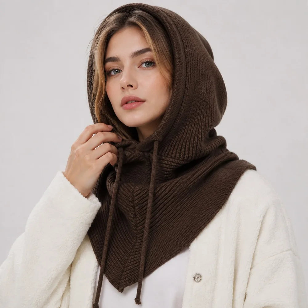 A women's knitted balaclava with a hood and drawstring