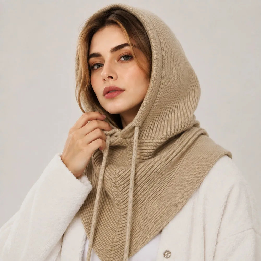 A women's knitted balaclava with a hood and drawstring