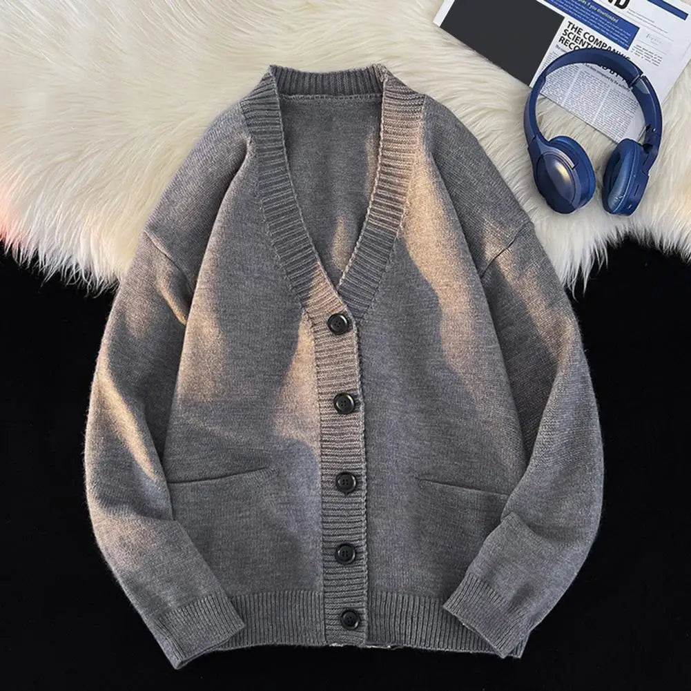 A men's knitted V-neck cardigan with buttons