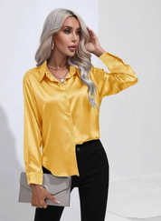 Dames Satijnen Blouse – Glanzende Afwerking met Elegante Losvallende Pasvorm Geel / S - AIDA LENA