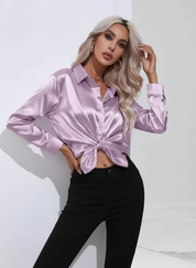 Dames Satijnen Blouse – Glanzende Afwerking met Elegante Losvallende Pasvorm Lila / S - AIDA LENA