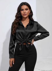Dames Satijnen Blouse – Glanzende Afwerking met Elegante Losvallende Pasvorm Zwart / S - AIDA LENA