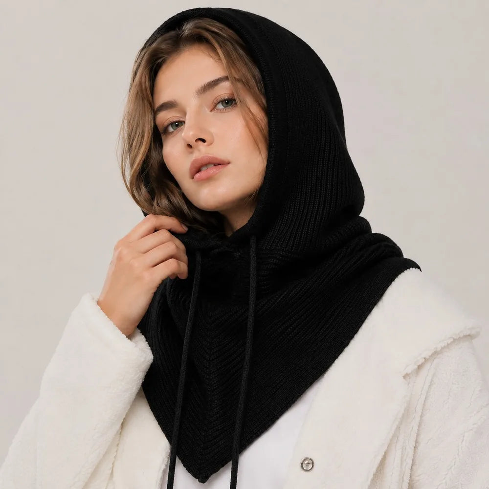 A women's knitted balaclava with a hood and drawstring