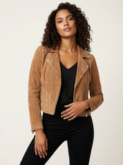 Dames Suède Bikerjack – Asymmetrische Ritssluiting Khaki / XS - AIDA LENA