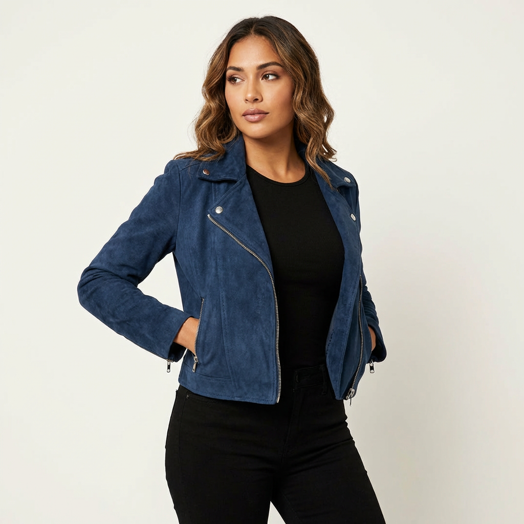 Dames Suède Bikerjack – Asymmetrische Ritssluiting Blauw / XS - AIDA LENA
