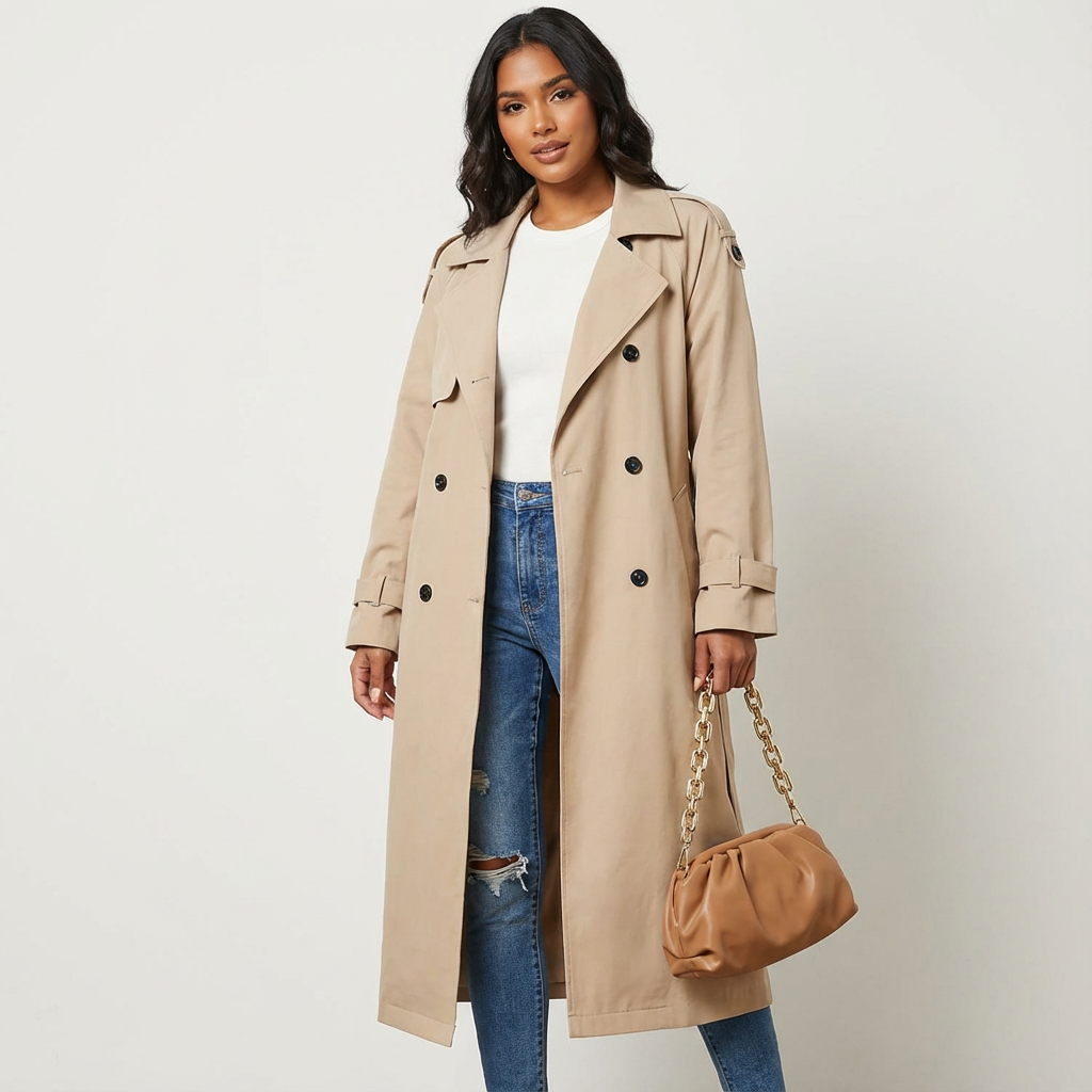 Dames Lange Trenchcoat – Elegante Pasvorm met Klassieke Revers - AIDA LENA