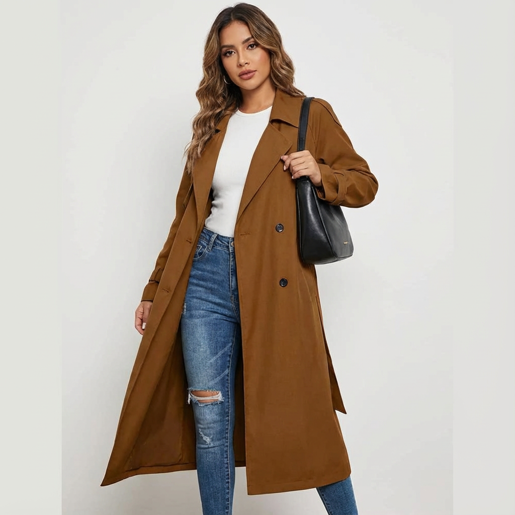 Dames Lange Trenchcoat – Elegante Pasvorm met Klassieke Revers - AIDA LENA