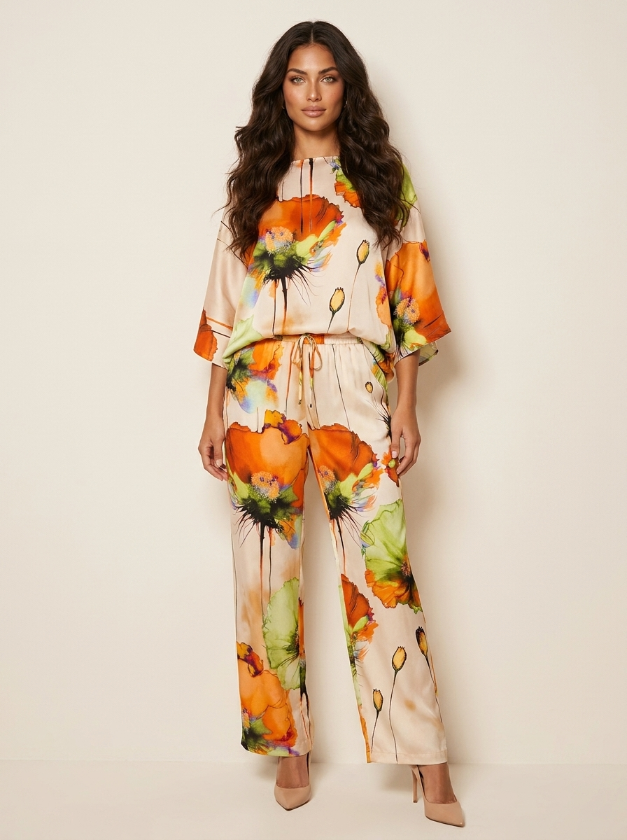 Dames 2-Delige Set – Bloemenprint met Losvallende Top en Wijde Broek Oranje / S - AIDA LENA