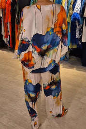 Dames 2-Delige Set – Bloemenprint met Losvallende Top en Wijde Broek Blauw / S - AIDA LENA