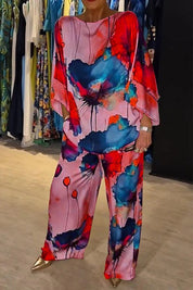 Dames 2-Delige Set – Bloemenprint met Losvallende Top en Wijde Broek Blauw / S - AIDA LENA