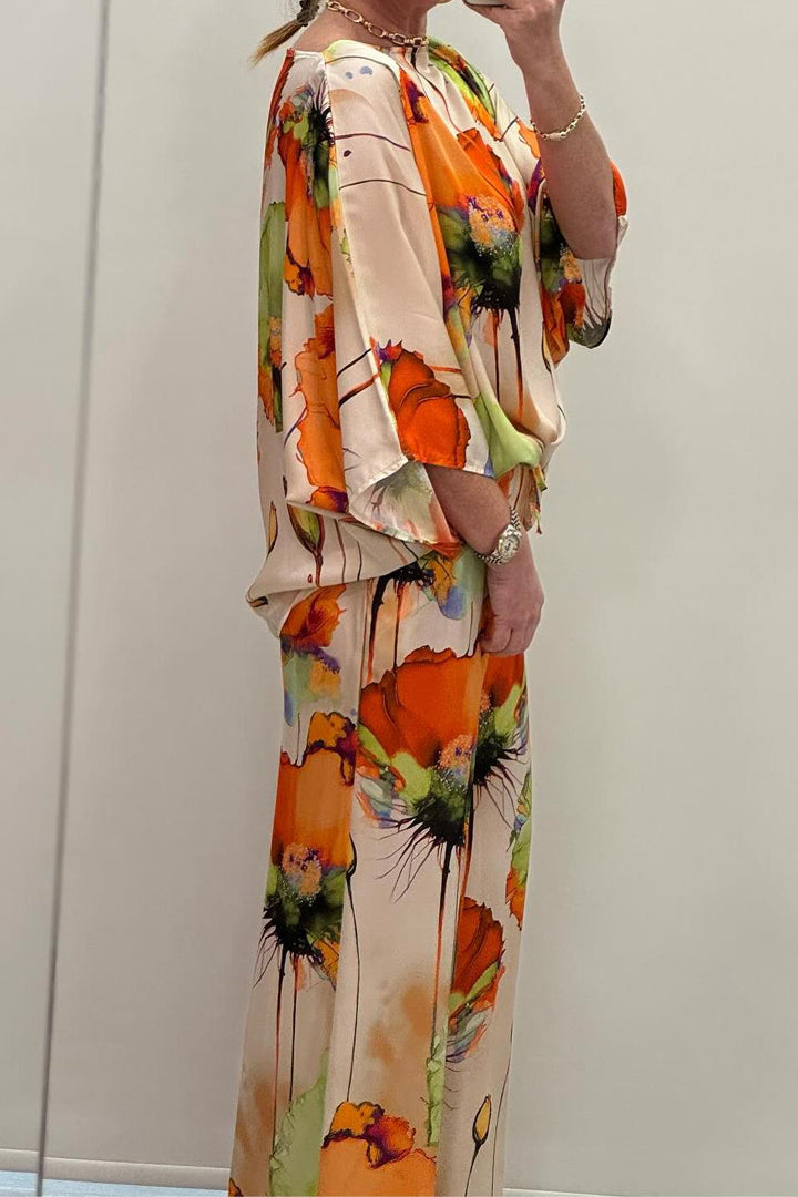 Dames 2-Delige Set – Bloemenprint met Losvallende Top en Wijde Broek Blauw / S - AIDA LENA