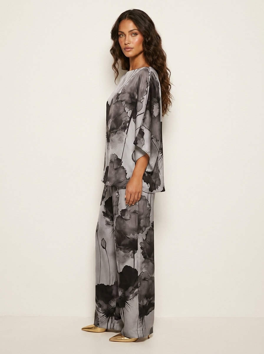 Dames 2-Delige Set – Bloemenprint met Losvallende Top en Wijde Broek Blauw / S - AIDA LENA