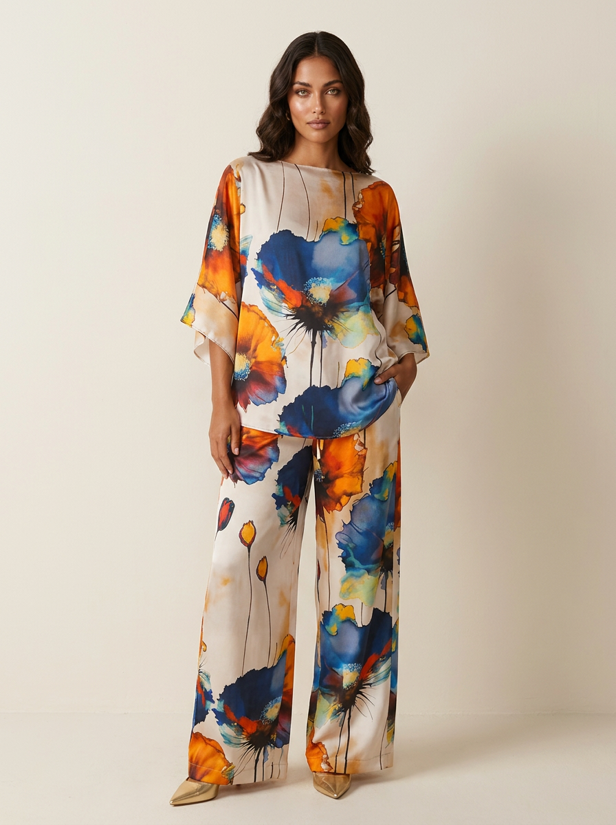 Dames 2-Delige Set – Bloemenprint met Losvallende Top en Wijde Broek Blauw / S - AIDA LENA