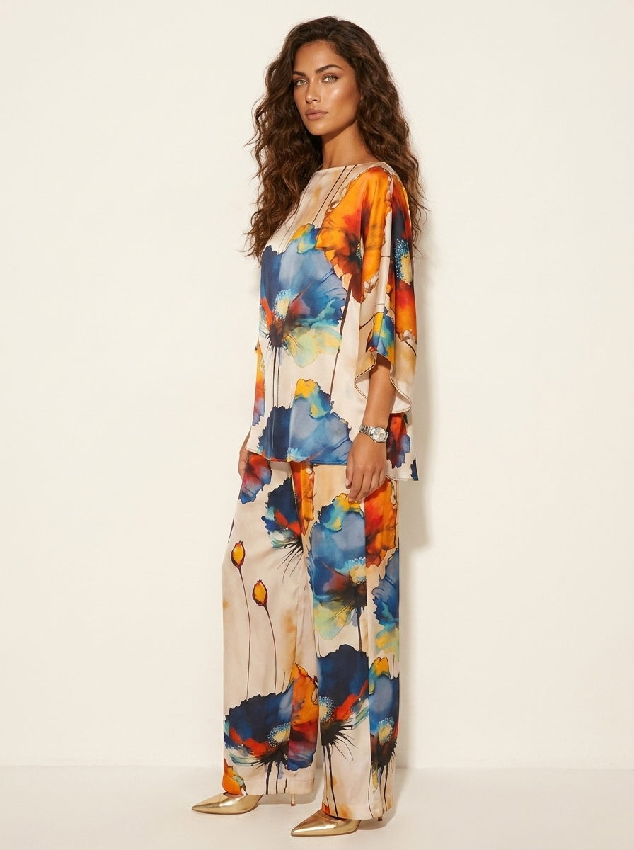 Dames 2-Delige Set – Bloemenprint met Losvallende Top en Wijde Broek Blauw / S - AIDA LENA